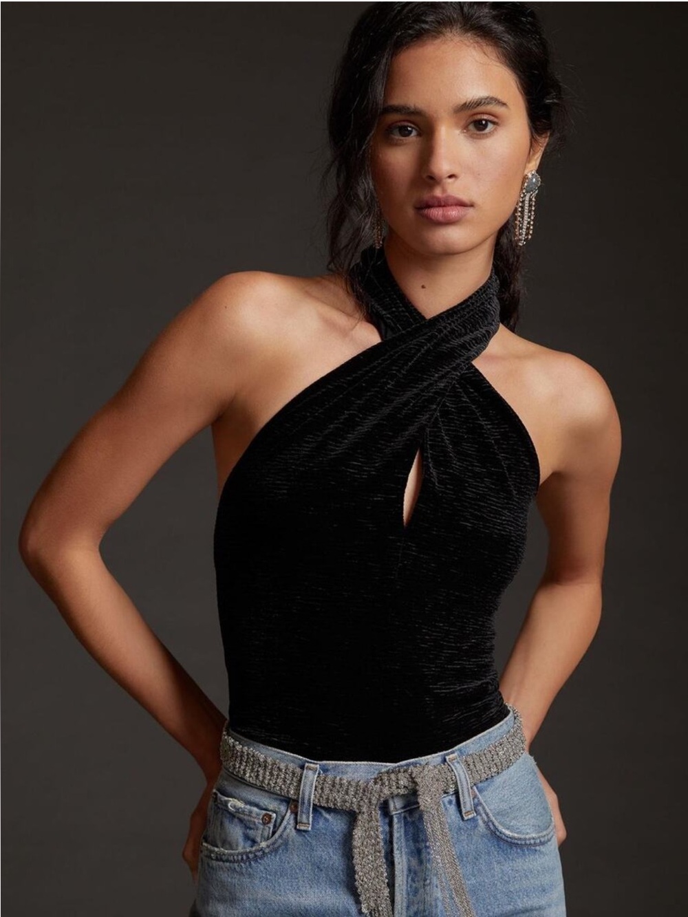 DOLAN Anthropologie Black Velvet Twist-Front Textured Halter Crop Top Zip XS